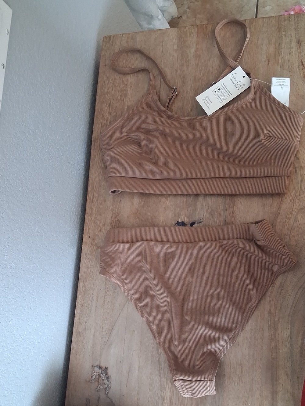 Ribbed High-Waist Bikini Set in Tan